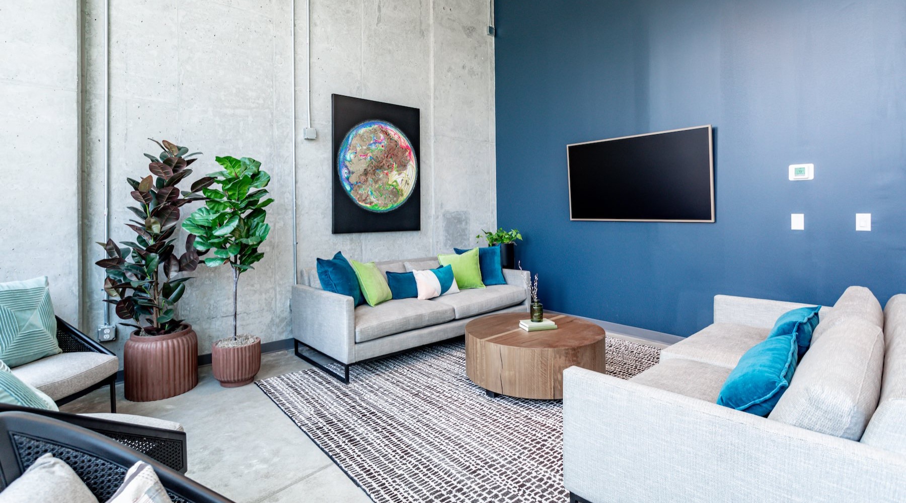 a clubroom with a tv and two couches